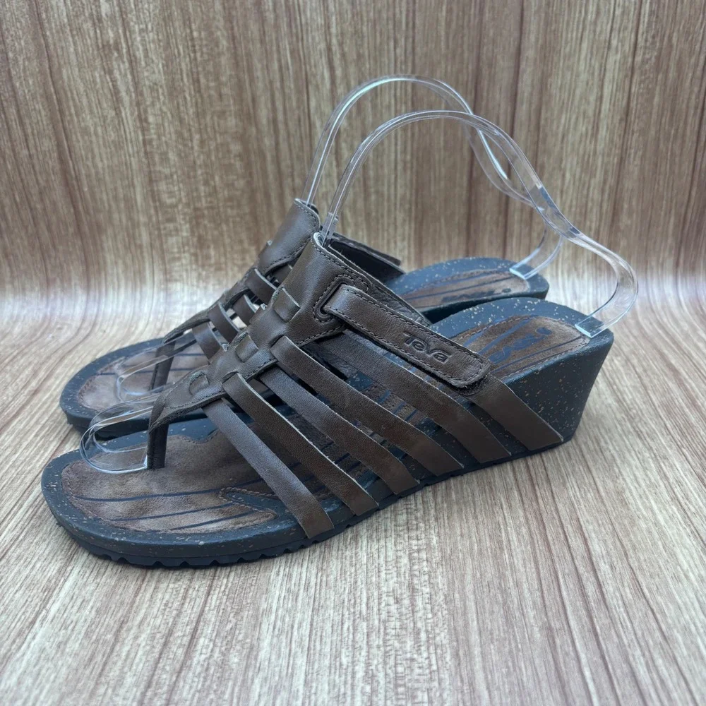 Teva Cabrillo Wedge‎ Sandals Brown Womens 8 Leather Strappy Gladiator Thong